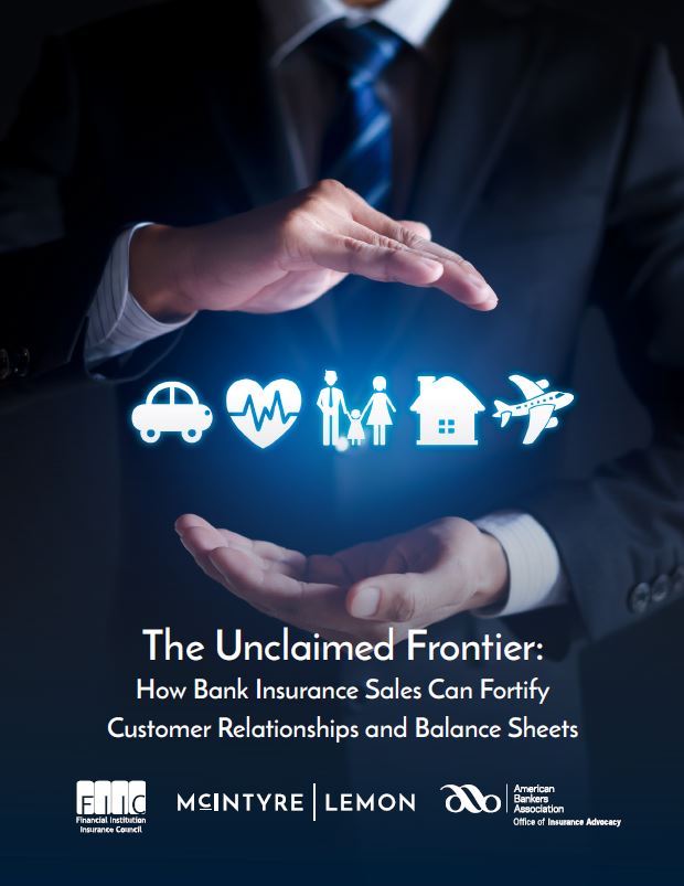 A person in a suit holds out hands beneath floating insurance icons: car, heart, family, house, and airplane. Text below reads, The Unclaimed Frontier: How Bank Insurance Sales Can Fortify Customer Relationships and Balance Sheets.