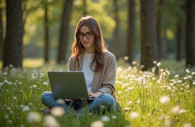 A young woman with long hair and glasses sits cross-legged in a sunlit forest clearing, using a laptop on her lap, surrounded by green grass and white wildflowers.