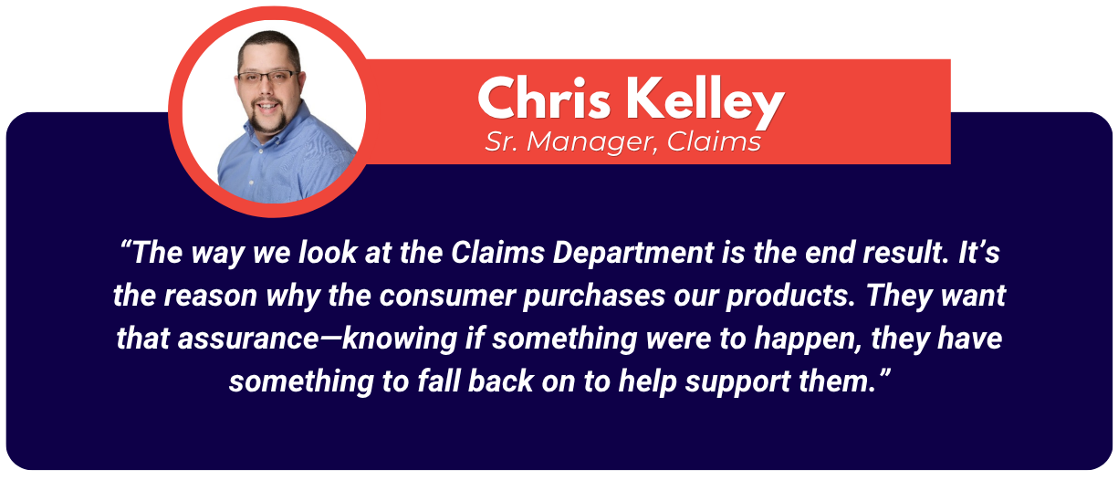 A man with glasses and a goatee is shown above a quote about the importance of the Claims Department by Chris Kelley, Sr. Manager, Claims, on a navy background with white and orange text.