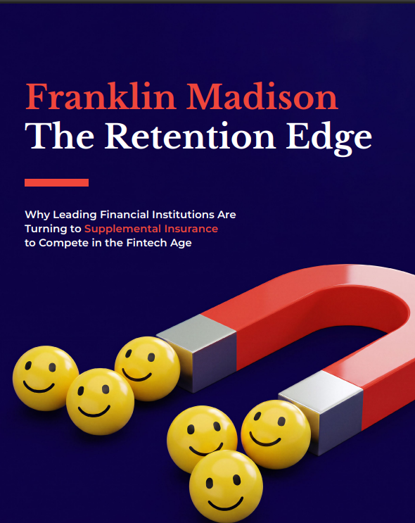 A large red horseshoe magnet attracts five yellow smiley face balls on a dark blue background with the text Franklin Madison The Retention Edge..